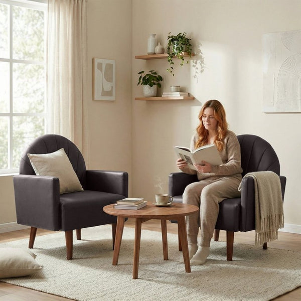 English Elm A Shell Shaped Pu Leather Accent Chair with Sculpted Back and Solid Wood Legs Dark Brown W2795P400013