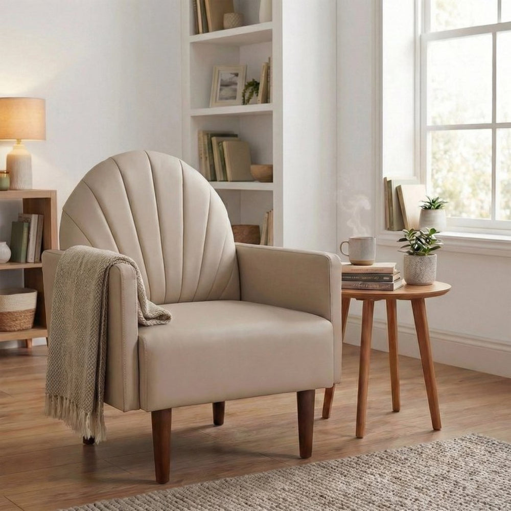 English Elm A Shell Shaped Pu Leather Accent Chair with Sculpted Back and Solid Wood Legs Khaki W2795P400014