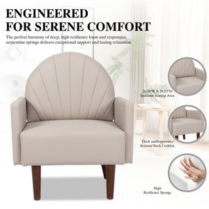 English Elm A Shell Shaped Pu Leather Accent Chair with Sculpted Back and Solid Wood Legs Khaki W2795P400014