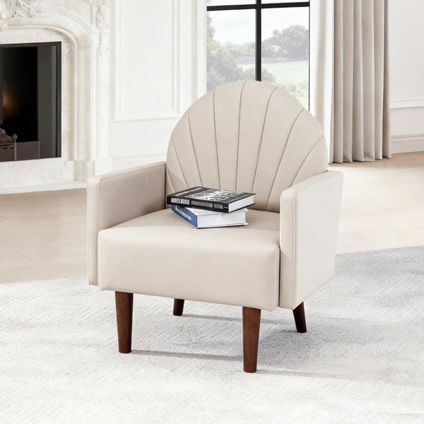 English Elm A Shell Shaped Pu Leather Accent Chair with Sculpted Back and Solid Wood Legs Khaki W2795P400014