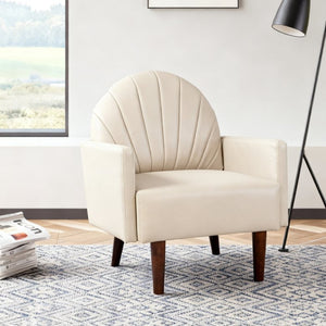English Elm A Shell Shaped Pu Leather Accent Chair with Sculpted Back and Solid Wood Legs Khaki W2795P400014