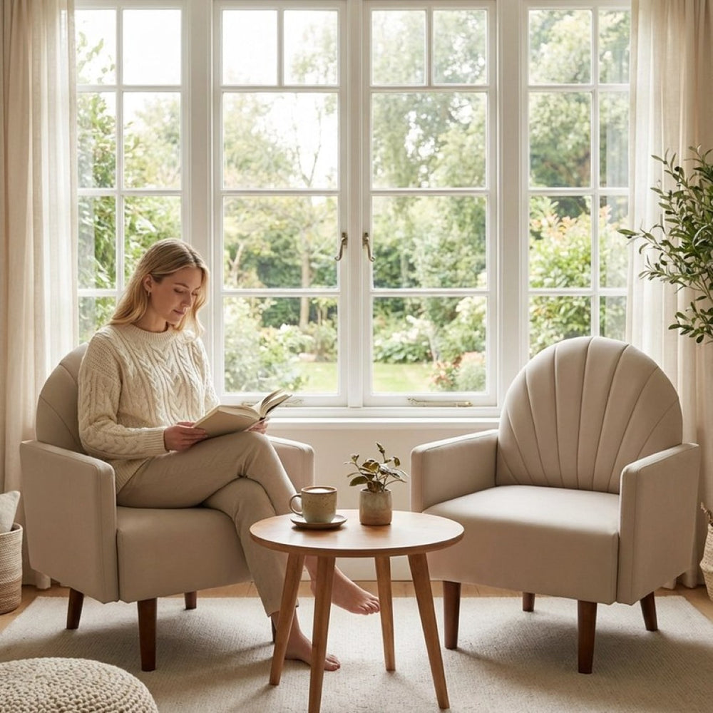 English Elm A Shell Shaped Pu Leather Accent Chair with Sculpted Back and Solid Wood Legs Khaki W2795P400014