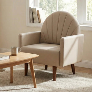English Elm A Shell Shaped Pu Leather Accent Chair with Sculpted Back and Solid Wood Legs Khaki W2795P400014