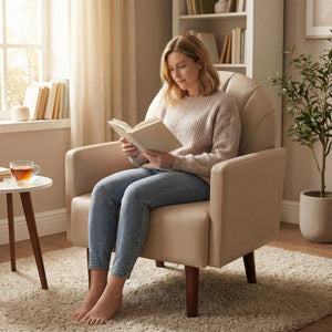 English Elm A Shell Shaped Pu Leather Accent Chair with Sculpted Back and Solid Wood Legs Khaki W2795P400014