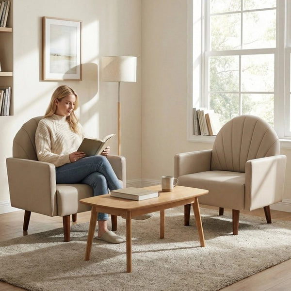 English Elm A Shell Shaped Pu Leather Accent Chair with Sculpted Back and Solid Wood Legs Khaki W2795P400014