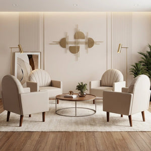 English Elm A Shell Shaped Pu Leather Accent Chair with Sculpted Back and Solid Wood Legs Khaki W2795P400014