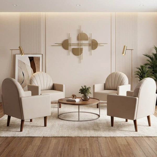 English Elm A Shell Shaped Pu Leather Accent Chair with Sculpted Back and Solid Wood Legs Khaki W2795P400014
