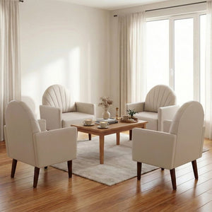 English Elm A Shell Shaped Pu Leather Accent Chair with Sculpted Back and Solid Wood Legs Khaki W2795P400014