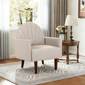 English Elm A Shell Shaped Pu Leather Accent Chair with Sculpted Back and Solid Wood Legs Khaki W2795P400014