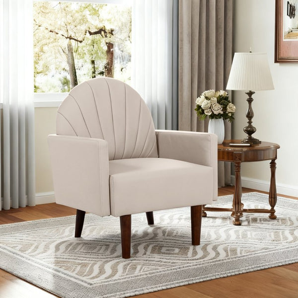 English Elm A Shell Shaped Pu Leather Accent Chair with Sculpted Back and Solid Wood Legs Khaki W2795P400014