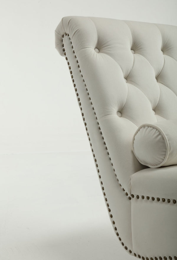English Elm Classical Velvet Button Tufted Recliner with Nailhead Trim Solid Wood Lounge Armchair Beige W2795P479253