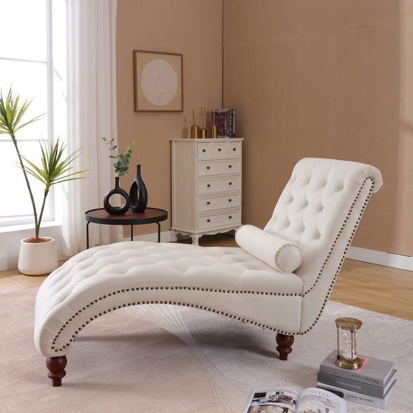 English Elm Classical Velvet Button Tufted Recliner with Nailhead Trim Solid Wood Lounge Armchair Beige W2795P479253