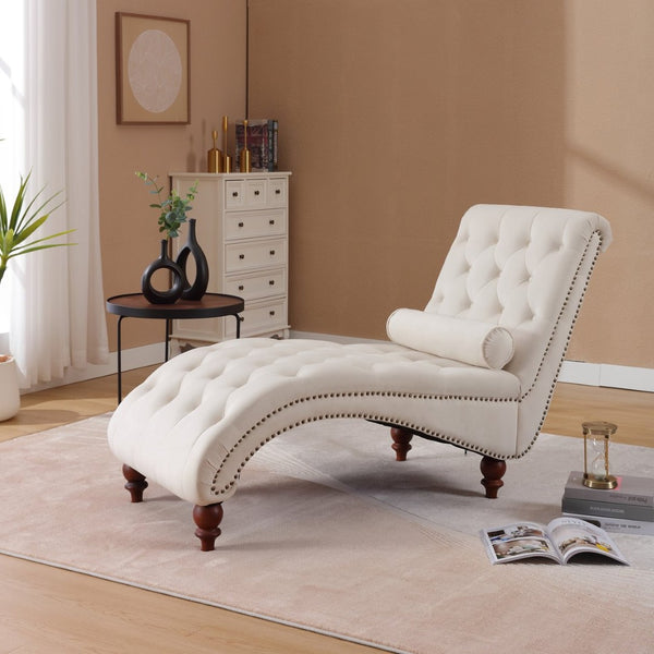 English Elm Classical Velvet Button Tufted Recliner with Nailhead Trim Solid Wood Lounge Armchair Beige W2795P479253