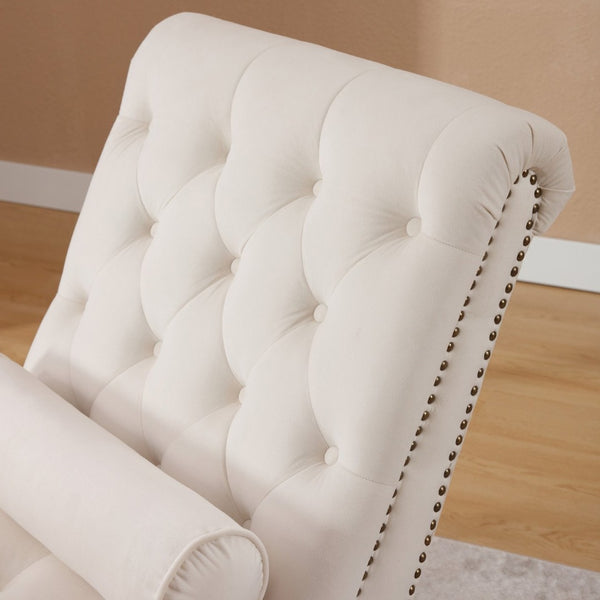 English Elm Classical Velvet Button Tufted Recliner with Nailhead Trim Solid Wood Lounge Armchair Beige W2795P479253