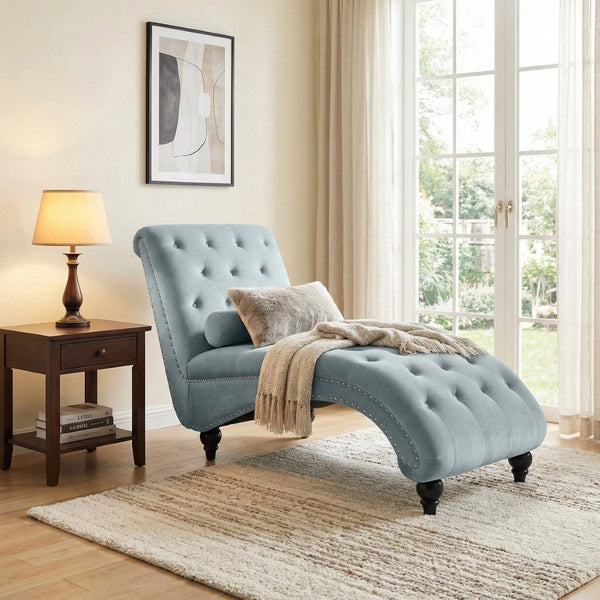 English Elm Classical Velvet Button Tufted Recliner with Nailhead Trim Solid Wood Lounge Armchair Light Blue W2795P479254