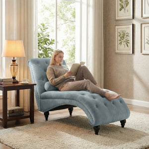 English Elm Classical Velvet Button Tufted Recliner with Nailhead Trim Solid Wood Lounge Armchair Light Blue W2795P479254