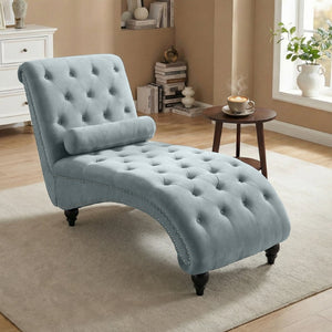 English Elm Classical Velvet Button Tufted Recliner with Nailhead Trim Solid Wood Lounge Armchair Light Blue W2795P479254