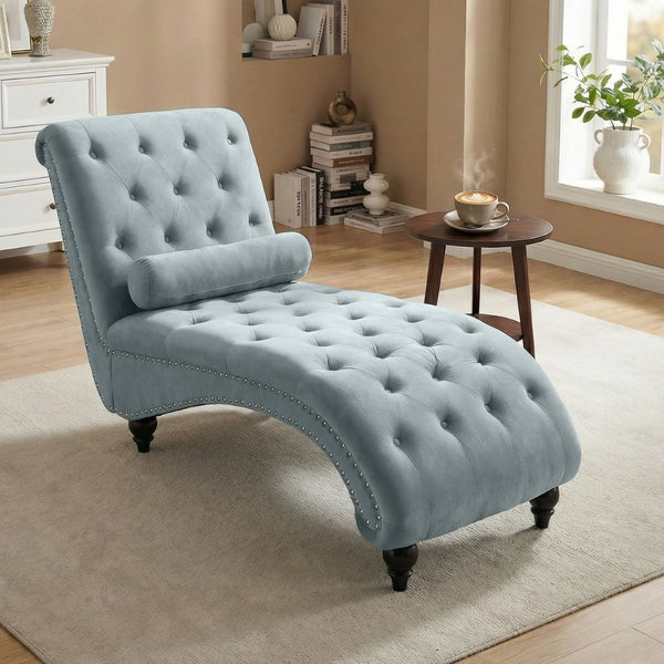 English Elm Classical Velvet Button Tufted Recliner with Nailhead Trim Solid Wood Lounge Armchair Light Blue W2795P479254