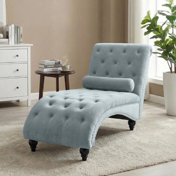 English Elm Classical Velvet Button Tufted Recliner with Nailhead Trim Solid Wood Lounge Armchair Light Blue W2795P479254