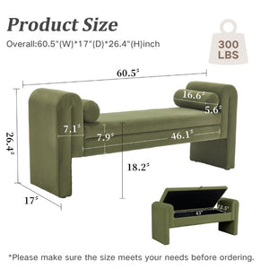 English Elm 60-Inch Velvet Storage Bench with Hidden Compartment for Bedroom or Entryway Seating W2795P520223