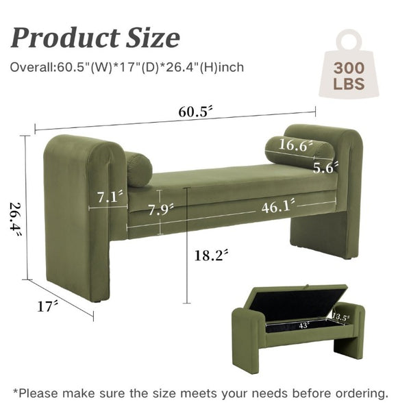 English Elm 60-Inch Velvet Storage Bench with Hidden Compartment for Bedroom or Entryway Seating W2795P520223