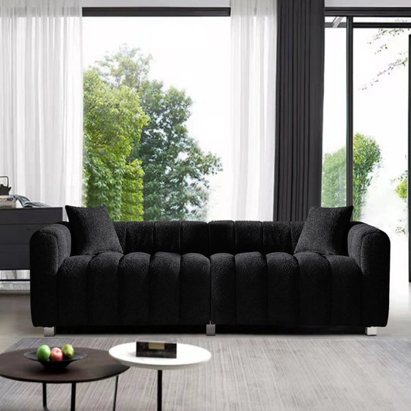 English Elm 83.46'' Bubble Tufted Velvet Sofa Three Seat Sculptural Couch with Metal Legs Black W2795S00050