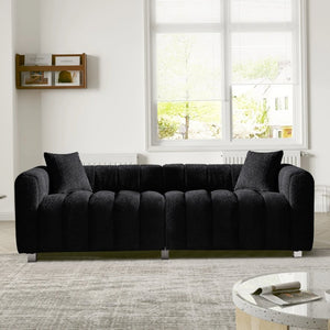 English Elm 83.46'' Bubble Tufted Velvet Sofa Three Seat Sculptural Couch with Metal Legs Black W2795S00050