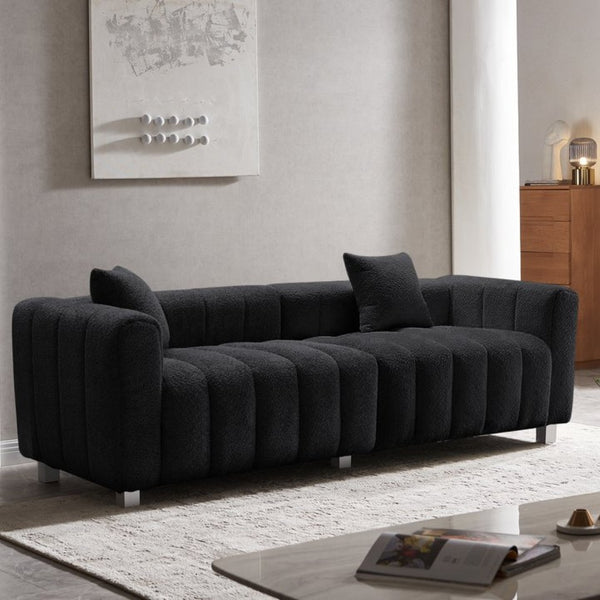 English Elm 83.46'' Bubble Tufted Velvet Sofa Three Seat Sculptural Couch with Metal Legs Black W2795S00050
