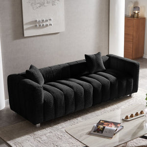 English Elm 83.46'' Bubble Tufted Velvet Sofa Three Seat Sculptural Couch with Metal Legs Black W2795S00050