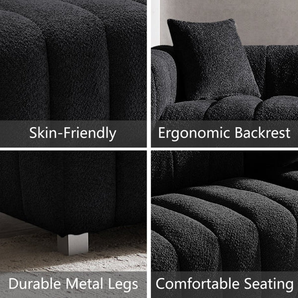 English Elm 83.46'' Bubble Tufted Velvet Sofa Three Seat Sculptural Couch with Metal Legs Black W2795S00050