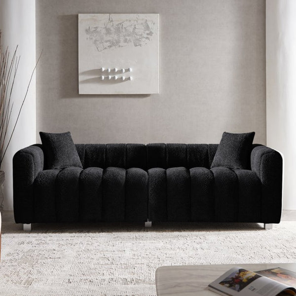 English Elm 83.46'' Bubble Tufted Velvet Sofa Three Seat Sculptural Couch with Metal Legs Black W2795S00050