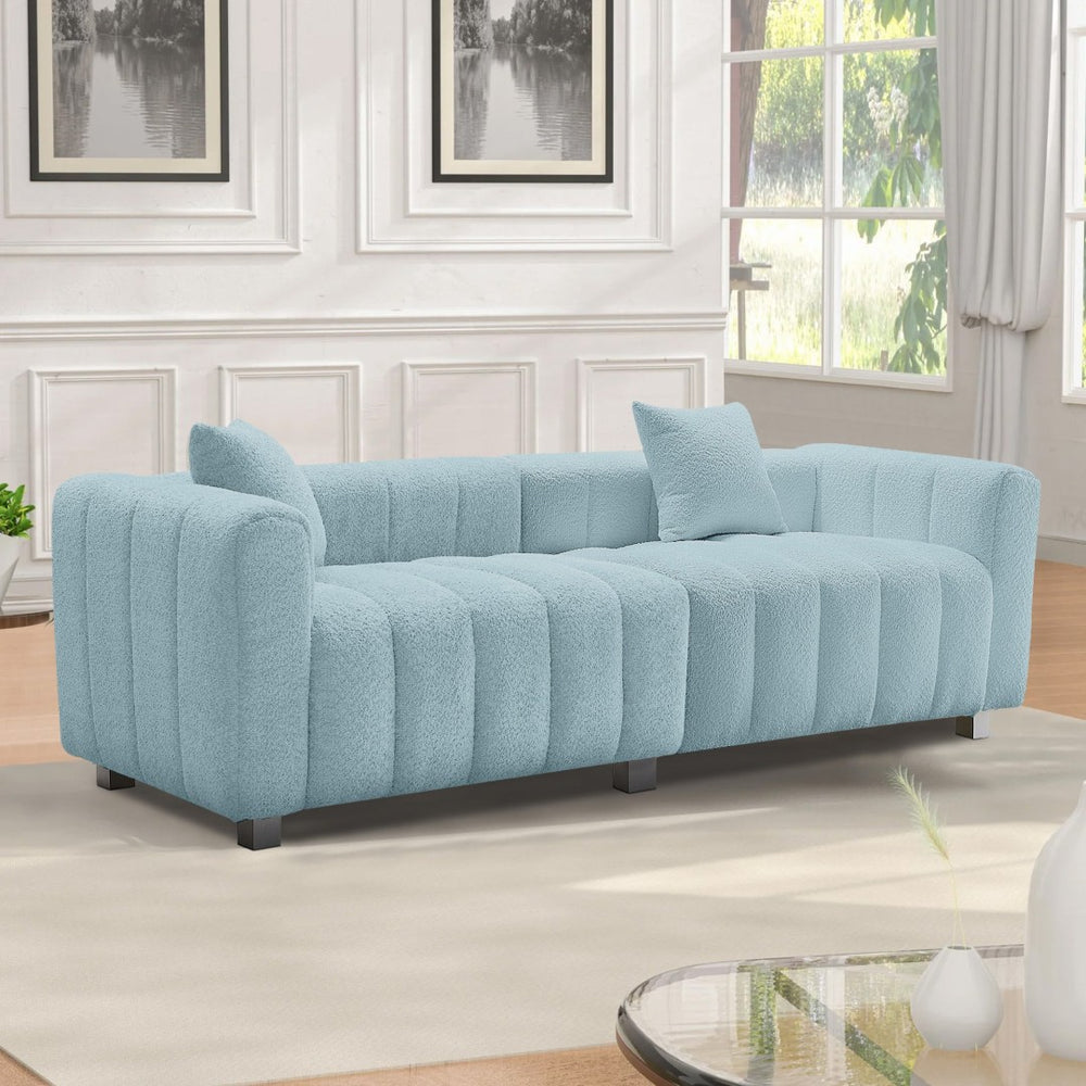 English Elm 83.46'' Bubble Tufted Velvet Sofa Three Seat Sculptural Couch with Metal Legs Blue W2795S00051