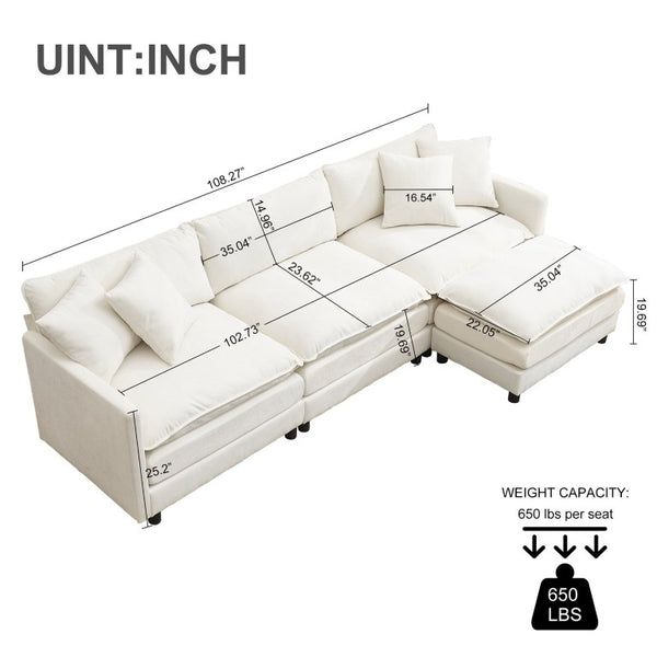 English Elm 108-Inch Chenille Modular L-Shaped Sofa Plush Sectional for Modern Living Spaces White W2795S00062