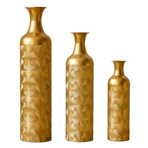 English Elm 3 Piece Embossed Matte Gold Metal Vase Set Graduated Heights for Floor or Fireplace W2796P464208