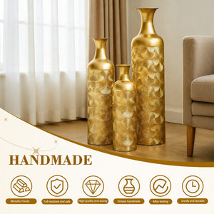 English Elm 3 Piece Embossed Matte Gold Metal Vase Set Graduated Heights for Floor or Fireplace W2796P464208