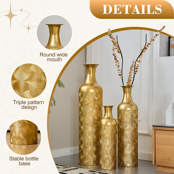 English Elm 3 Piece Embossed Matte Gold Metal Vase Set Graduated Heights for Floor or Fireplace W2796P464208