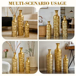 English Elm 3 Piece Embossed Matte Gold Metal Vase Set Graduated Heights for Floor or Fireplace W2796P464208