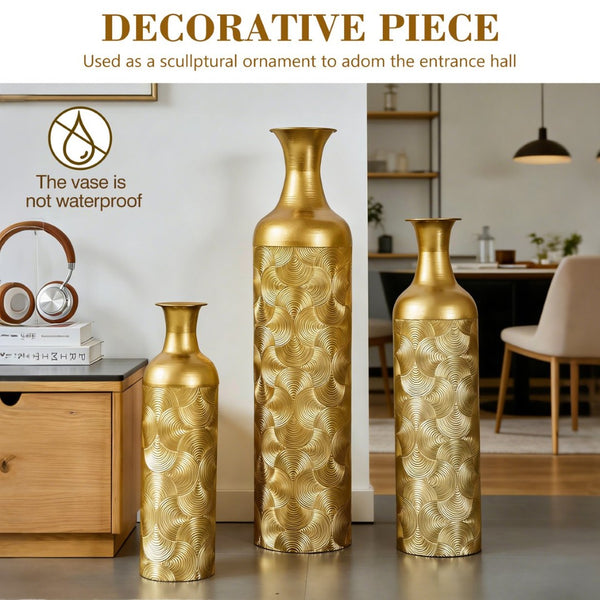 English Elm 3 Piece Embossed Matte Gold Metal Vase Set Graduated Heights for Floor or Fireplace W2796P464208