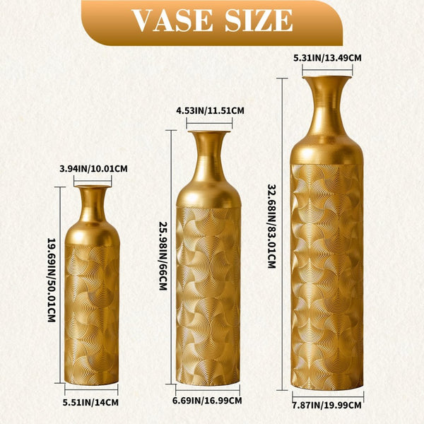 English Elm 3 Piece Embossed Matte Gold Metal Vase Set Graduated Heights for Floor or Fireplace W2796P464208