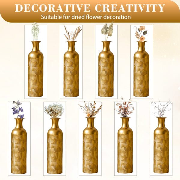 English Elm 3 Piece Embossed Matte Gold Metal Vase Set Graduated Heights for Floor or Fireplace W2796P464208