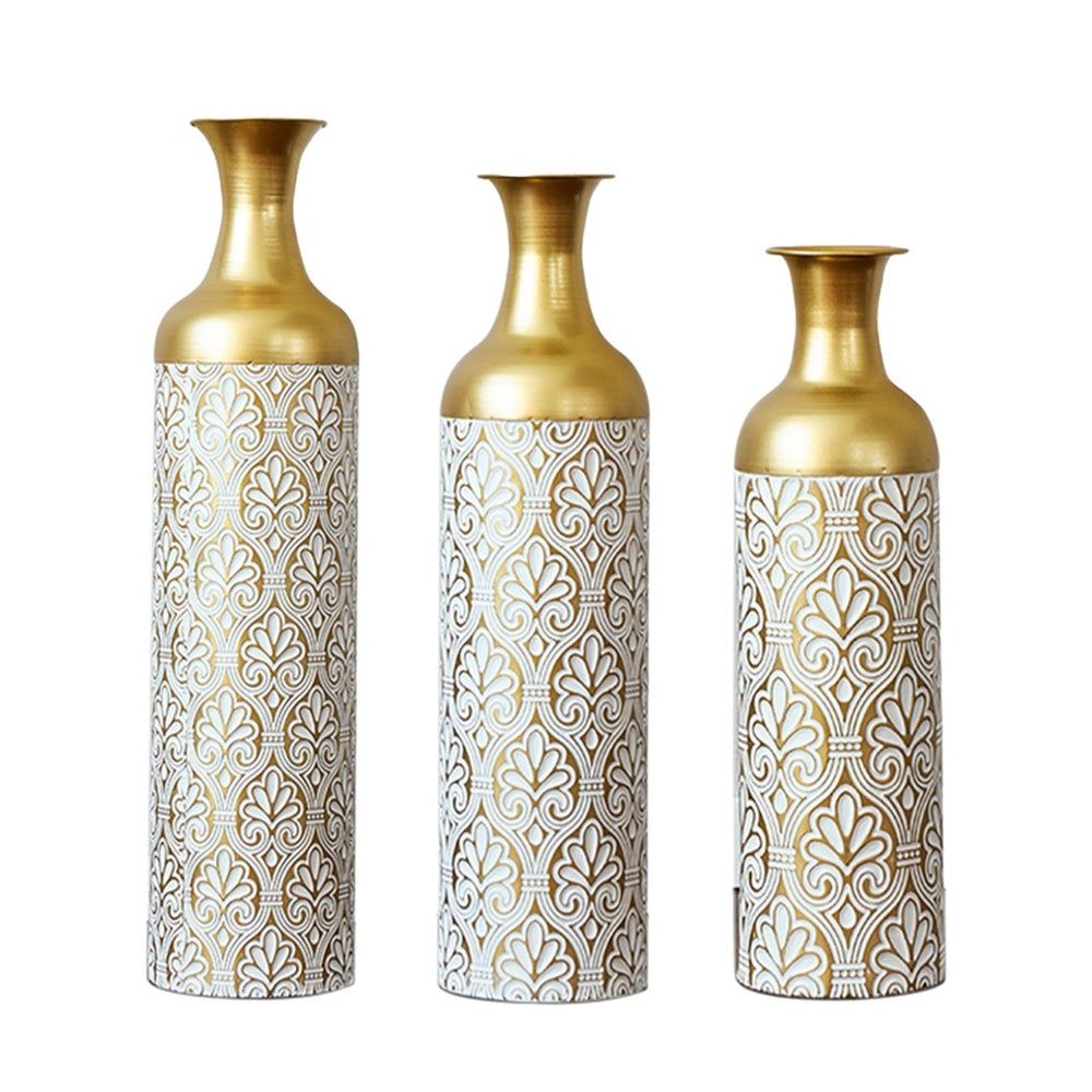 English Elm Gold Metal Cylinder Vase Set Three Embossed Scroll Finish Luxury Mantel Centerpiece W2796P464209
