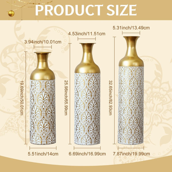 English Elm Gold Metal Cylinder Vase Set Three Embossed Scroll Finish Luxury Mantel Centerpiece W2796P464209