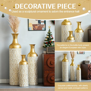 English Elm Gold Metal Cylinder Vase Set Three Embossed Scroll Finish Luxury Mantel Centerpiece W2796P464209