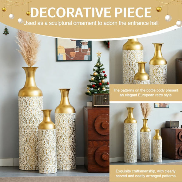 English Elm Gold Metal Cylinder Vase Set Three Embossed Scroll Finish Luxury Mantel Centerpiece W2796P464209
