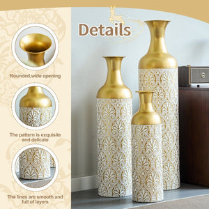 English Elm Gold Metal Cylinder Vase Set Three Embossed Scroll Finish Luxury Mantel Centerpiece W2796P464209
