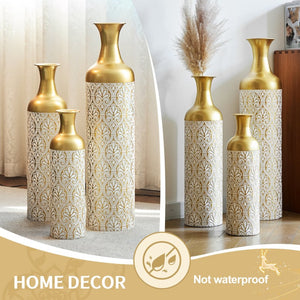English Elm Gold Metal Cylinder Vase Set Three Embossed Scroll Finish Luxury Mantel Centerpiece W2796P464209