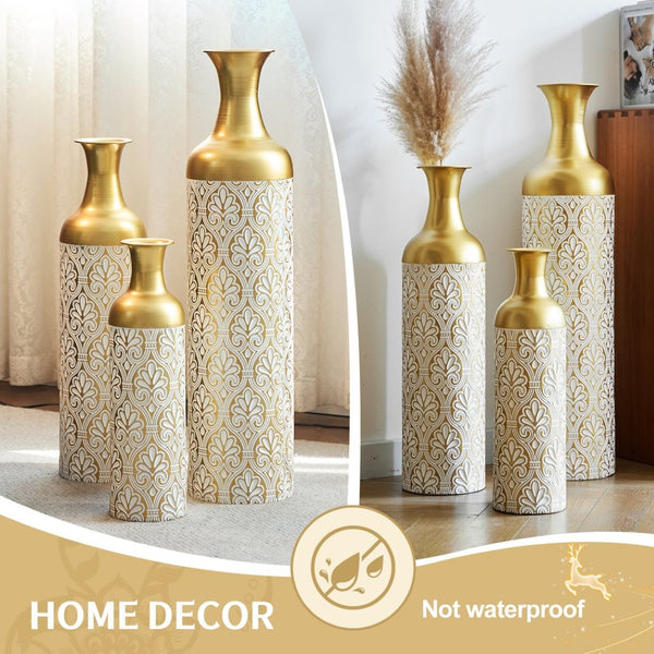 English Elm Gold Metal Cylinder Vase Set Three Embossed Scroll Finish Luxury Mantel Centerpiece W2796P464209