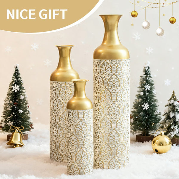 English Elm Gold Metal Cylinder Vase Set Three Embossed Scroll Finish Luxury Mantel Centerpiece W2796P464209