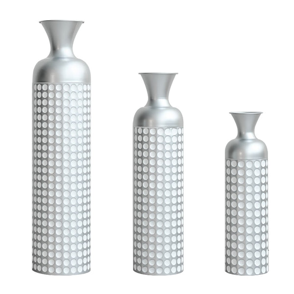 English Elm 3 Piece Silver Embossed Metal Floor Vase Set Graduated Architectural Decor Statement W2796P464210