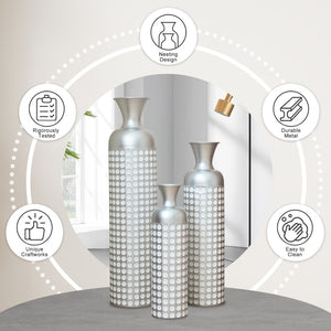English Elm 3 Piece Silver Embossed Metal Floor Vase Set Graduated Architectural Decor Statement W2796P464210